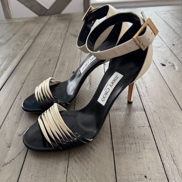 Jimmy Choo Livvi 85 Two-tone Leather Sandals Heels White Black - Picture 7 of 14